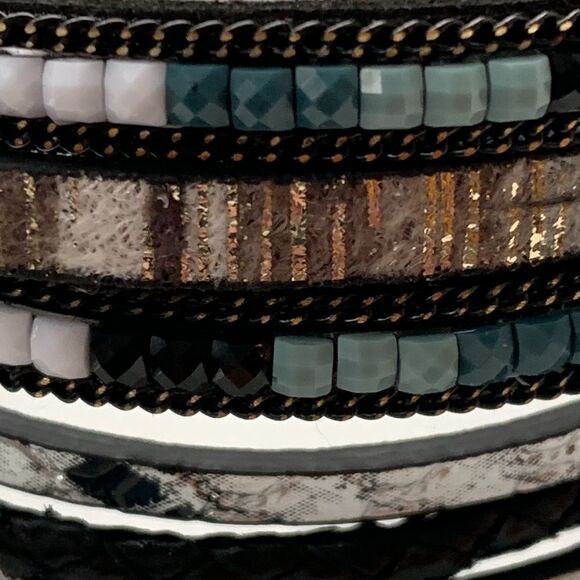 Black & White Multi-Strand Leather Beaded Boho Cuff Bracelet, Magnetic Clasp - Picture 3 of 9